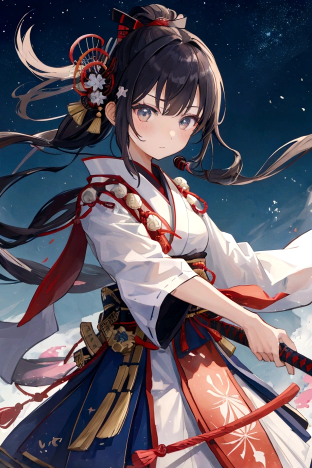 A style that combines traditional Japanese beauty with modern sensibilities.、A powerful and fantastical image。Fearless revolution and anti-war nation、Themes such as Samurai Warriors for Boys and Girls、starの光が描く歴史の物語。Elements of Sum、A girl in a Japanese combat uniform in front、Holding a sword、たくさんのstar々and its shadow,night、star々、流star、Pose of fighting with a sword