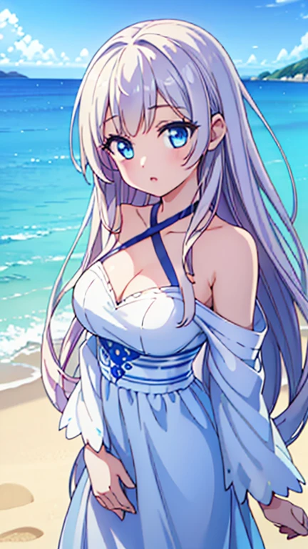 a girl walking on a white sandy beach, beautiful detailed eyes, beautiful detailed lips, extremely detailed eyes and face, long eyelashes, flowing dress, serene expression, coastal landscape, blue sky, fluffy white clouds, golden sunlight, calm ocean waves, (best quality,4k,8k,highres,masterpiece:1.2),ultra-detailed,(realistic,photorealistic,photo-realistic:1.37),landscape,vivid colors,natural lighting