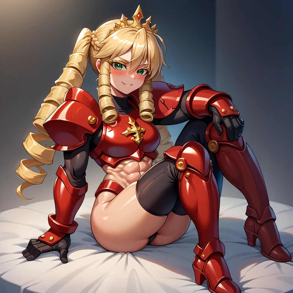 Lancer Artoria body (Alexis Texas Face), elegant adult female, blonde, green eyes (yellow eyelashes) crown, turtleneck, full body sitting on a bench, showing ass to me, RED breastplate, RED skin (1SologirlRED skin:1.2), looking at viewer, shiny, armor, thigh highs, high boots, pauldrons shoulder armor, faulds, poleyn, RED gloves gauntlets, rerebrace, RED military armored boots, yordle muscular lean platinum blonde long twin tails hairstyle at the bedroom lustful smirking smile face red blushed, blush, strong abs, female body builder, tiara, twin drills hair, (masterpiece, best quality, ultra detailed, best shadow)