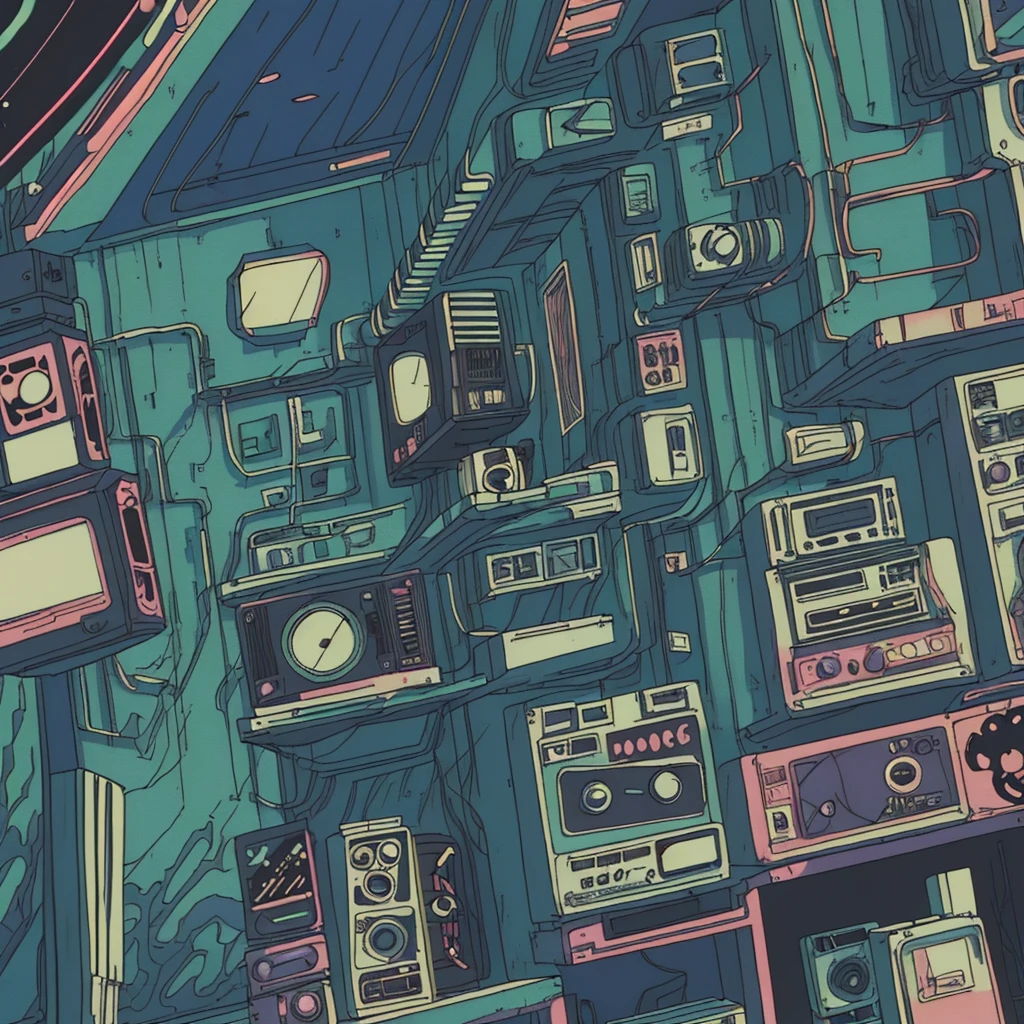 wrap、 Super detailed, Retro Wave, cyber punk, Sad mood, night light through the window, night vibes, room, 2D, (Long Shot), Wide Shot, (film noise), Old cartoons, (Lots of records:1.3), (masterpiece, Highest quality, Highest quality, Official Art, beautifully、aesthetic: 1.2), (Very detailed, (Fractal Art: 1.4), guitar, (Note: 1.4), ( Lo-fi hip hop), Indoor scenery by the window, Old Anime Texture, alone, speaker, cyber punk, vinyl, night、coffee