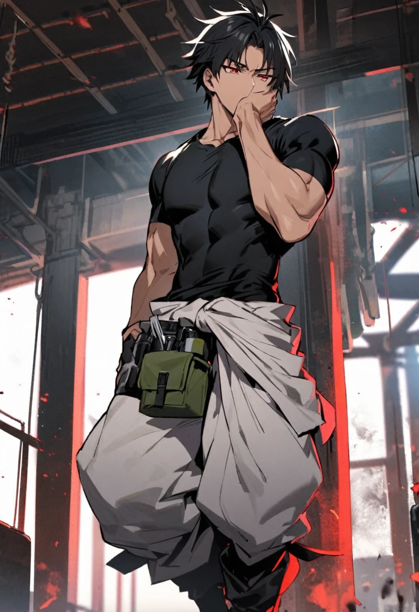 Sasae Hatsushimi. is a young man with messy, shoulder-length black hair that partially hangs in front of his face and half-opened blood-red eyes. With a cool and cold face with a strong gaze. he has a moderate athletic build, and His attire consists of a tight-fitting black shirt, sports tan baggy pants with a tool belt casually around his waist, and black boots