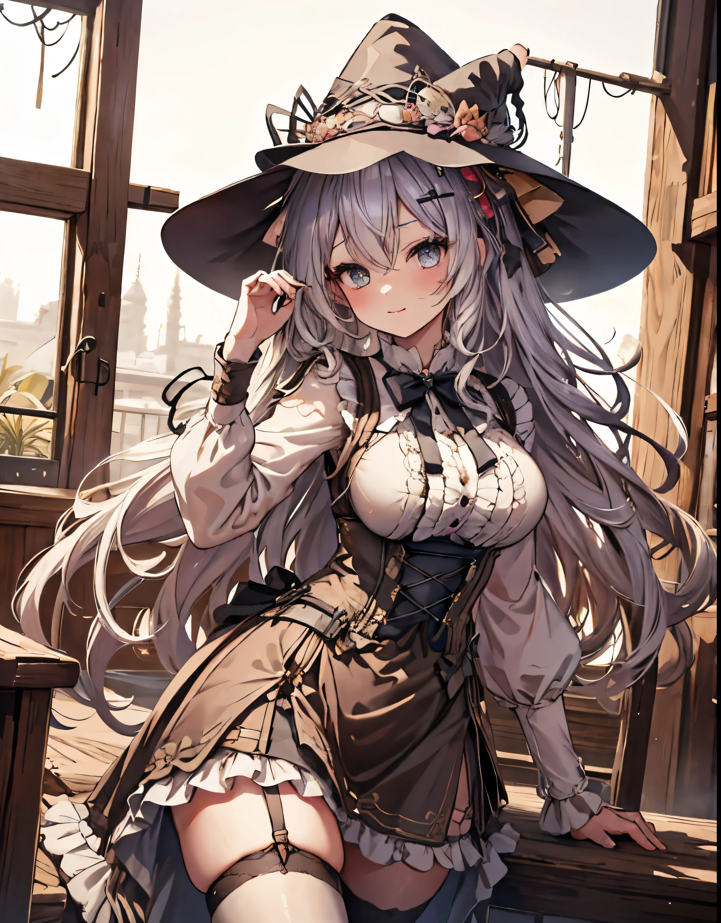 masterpiece, 1girl, sparrow, a silver haired girl, wearing a victorian dress, curly medium hair, messy hair, slim body, he close her left eye, shirt ornament, ruby eyes, ahoge, baby face, big breast, beautiful breasts, rounded breasts, long sleeves, beautiful eyes, white stocking, droopy eyes, her age is 19 years old, ricefield, bowtie, azusa_bluearchive, lovely face, medium hair, lovely smile, curly hair, gothic ****ta, wizard hat