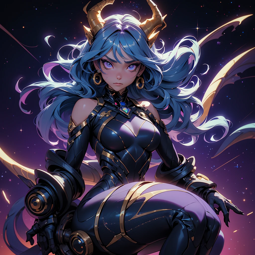 A beautiful dragon humanoid woman with space hair of variant shades of blue and purple with space buns in hair , Golden scanes on the face and shoulders, Anime, 4k, Beautiful woman with a golden dragon tail and horns, Space hair, Floating in space, Vintage space Attire, floating through space, dancing, havign fun, Space Witch, Witch, Older woman, Toned physique, long hair with side bangs, humanoid face with scales, human with dragon horns and tail, witch outfit, body suit, wearing black, white and gold, blue hair, purple hair, Woman in space sitting at the edge of the universe surrounded by the dark void, crying tears of constellations, a sea of stars