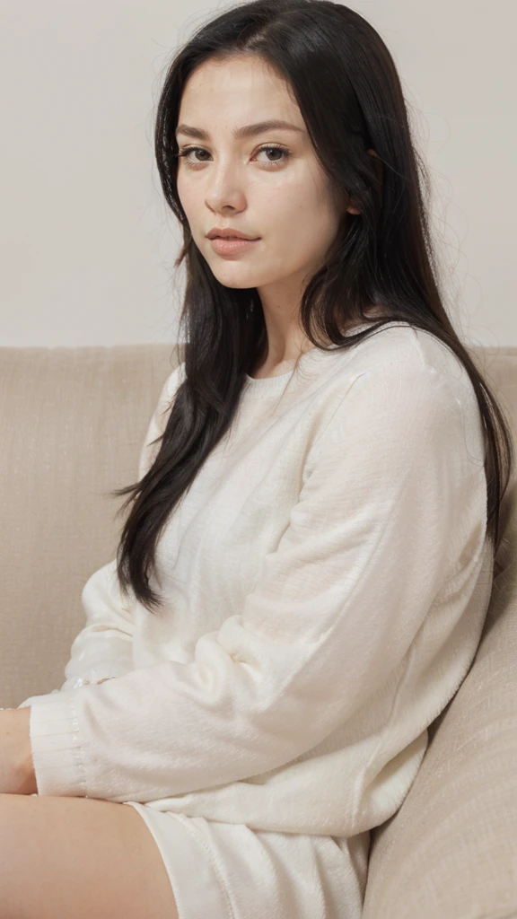 realistic, 1woman, long black hair, black eyes, white fashion clothes, sitting in a sofa