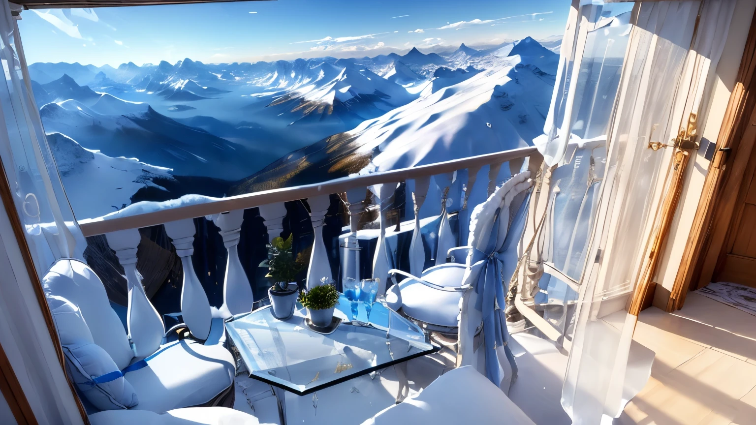 (((Different world interior scene，Balcony on the top of the mountain,)))，Snowy mountain tops，Blue flag，European style，White gauze curtains，beauty，Spectacular，majesty，luxurious，Ice cubes，Crystal clear，Glass，transparent，Light，warmth，