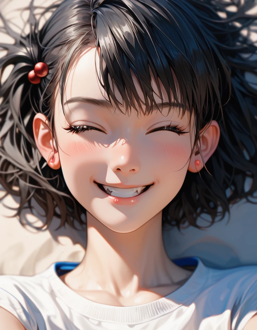score_9, score_8_up, score_7_up, black hair, hair bobbles, wince, longeyelashes, light smile, ear blush, fang, Surrealism, drop shadow, anaglyph, stereogram, tachi-e, pov, atmospheric perspective, 8k, super detail, ccurate, best quality