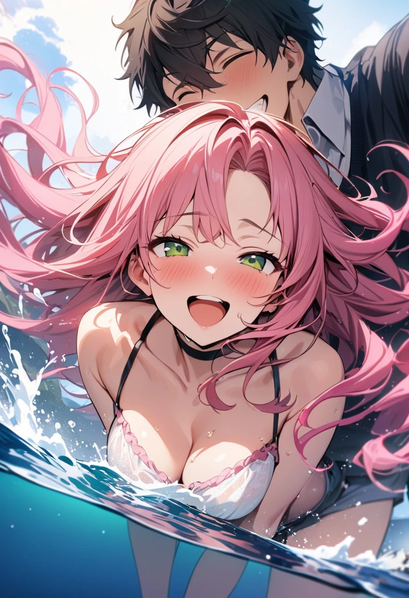 (couple), girl and boy, in the ocean, splashing , laughing, rich in detail, competitive, happy expression, love, wide angle, 1girl, (((masterpiece, best quality, aesthetic, heavenly))), ((girl with red eyes, vibrant pink long hair)), (intimate), 1boy, ((boy with green eyes, short black curly hair))
