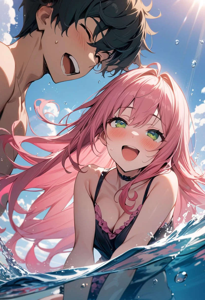 (couple), girl and boy, in the ocean, splashing , laughing, rich in detail, competitive, happy expression, love, wide angle, 1girl, (((masterpiece, best quality, aesthetic, heavenly))), ((girl with red eyes, vibrant pink long hair)), (intimate), 1boy, ((boy with green eyes, short black curly hair))