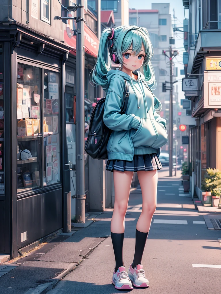 (masterpiece、Highest quality、Highest quality、Official Art、Beautiful and beautiful:1.2)、(One Girl:1.3)hatsune miku、Twin tails,Big Breasts,sonyのheadphoneを着用している:1.5、headphone、One Girl、Magical girl、Perfect Anatomy、Small face、Fuller lips、Brown Hair、Characteristic hairstyle、look of suspicion、Modern hoodies、Knee socks、(((Blurred Background、Street Corner、Everyday Scenes)))、Highest quality、High resolution、High resolution、Cinema Lighting、Professional Photographer
