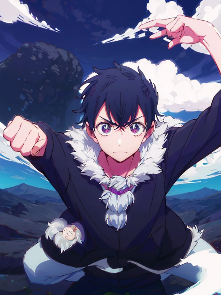 "Monkey D. Luffy in a Jujutsu Kaisen uniform, which consists of a dark blue high-collared jacket with gold buttons, matching pants, and black shoes. He is standing confidently with a determined expression. He is in the middle of saying 'Domain Expansion,' and powerful water elements swirl around him, forming intricate patterns. The scene is dynamic and dramatic, capturing the intense energy of the moment. The background features a dark, stormy sky with lightning to enhance the epic feel. The image is in a 2D manga style, with bold lines and detailed shading."