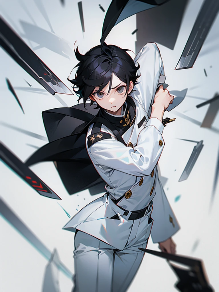 short hair、Black Hair、White Uniform、(Black trousers)、Forehead、knife、Otoku worries too