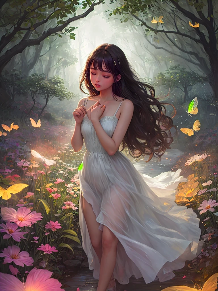 1girl, solo, full body, (masterpiece:1.21), (best quality:1.2), colorful, (illustration:1.2), (cinematic lighting:1.1), (bare shoulders:1.21), (collarbone:1.21)
In this whimsical and fantastical garden, the scene is illuminated by a rainbow of (colorful fireflies), dancing and fluttering in the air. The garden is decorated by a gentle (drizzle), creating a misty and ethereal atmosphere. In the center of the scene, there is a single girl, an extremely delicate and beautiful girl, with cute features and an innocent expression. Her long hair is flowing with the wind. She is wearing no shoulder straps dress, which is ultra low cut, highlighting her delicate curves.

The lighting is very delicate and beautiful, creating a soft and warm glow that highlights the water, making it sparkle like diamonds. The finest grass is also illuminated, creating a lush and verdant carpet. The garden is surrounded by colorful flower fields, with blooms of every color and shape. (Colorful butterflies), of every shade and size, can be seen fluttering around the scene, adding to the overall sense of wonder and magic. (look ai viewer),A blush can be seen on her nose, and her mouth is slightly open, adding to the overall sense of innocence and youthfulness. Falling petals can be seen floating around her, adding to the overall sense of romance and beauty. A gentle wind is blowing through the scene, making the leaves rustle and the flowers sway, adding to the overall sense of movement and life. This is a scene of pure wonder and magic, filled with color and beauty, where the viewer can lose themselves in the enchanting and captivating world.