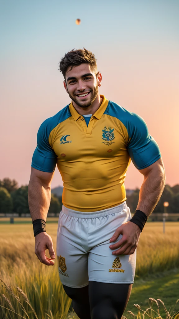 NickEh30 youtuber as rugby player ,Full body, sport tight pants,man with rugby esportive iridescent uniform, Black short hair fade , captivating large openned smile, shaved NickEh30 face, very happy, sun light, youtuber NickEh30 wearing team rugby uniform, muscular ?????, long hairy legs, left neck look, wide shoulders, nice detailed hands, field rugby bokeh background, colorful golden-hour vivid colors.