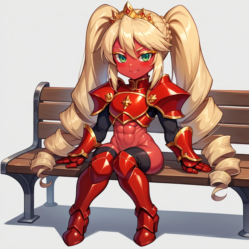 Lancer Artoria body (Alexis Texas Face), elegant adult female, blonde, green eyes (yellow eyelashes) crown, turtleneck, full body sitting on a bench, showing ass to me, RED breastplate, RED skin (1SologirlRED skin:1.2), looking at viewer, shiny, armor, thigh highs, high boots, pauldrons shoulder armor, faulds, poleyn, RED gloves gauntlets, rerebrace, RED military armored boots, yordle muscular lean platinum blonde long twin tails hairstyle at the bedroom lustful smirking smile face red blushed, blush, strong abs, female body builder, tiara, twin drills hair, (masterpiece, best quality, ultra detailed, best shadow)