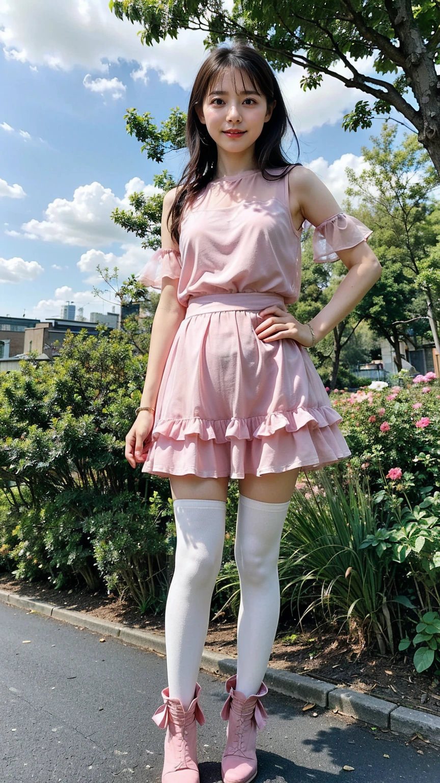 (8K、RAW Photos、Highest quality、masterpiece:1.2)、(Realistic、Realistic)、1 Girl、((Pink dress、Frills、See-through、tights、mini skirt、boots、Chest open、whole body、garden、View from the front、Looking into the camera、Stand with one hand on your hip))、