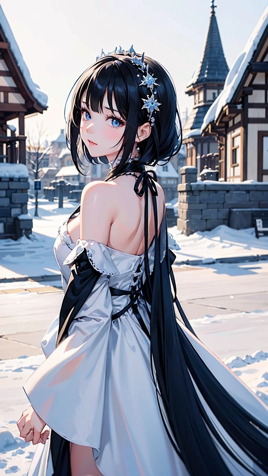 Close-up of a woman in a dress in the snow, Gweiz-style artwork, Beautiful digital art, Cute and detailed digital art, Beautiful anime portraits, Winter Princess, Trending on cgstation, Beautiful digital illustrations, Guweiz on ArtStation Pixiv, Fantasy art style, 8k high quality detailed art, guweiz on pixiv artstation, Black Hair, 美しいBlack Hair, 艶やかなBlack Hair, Short Bob, Hair length is above shoulder length, clear blue eyes, Turning around, Back view, Face looking back,