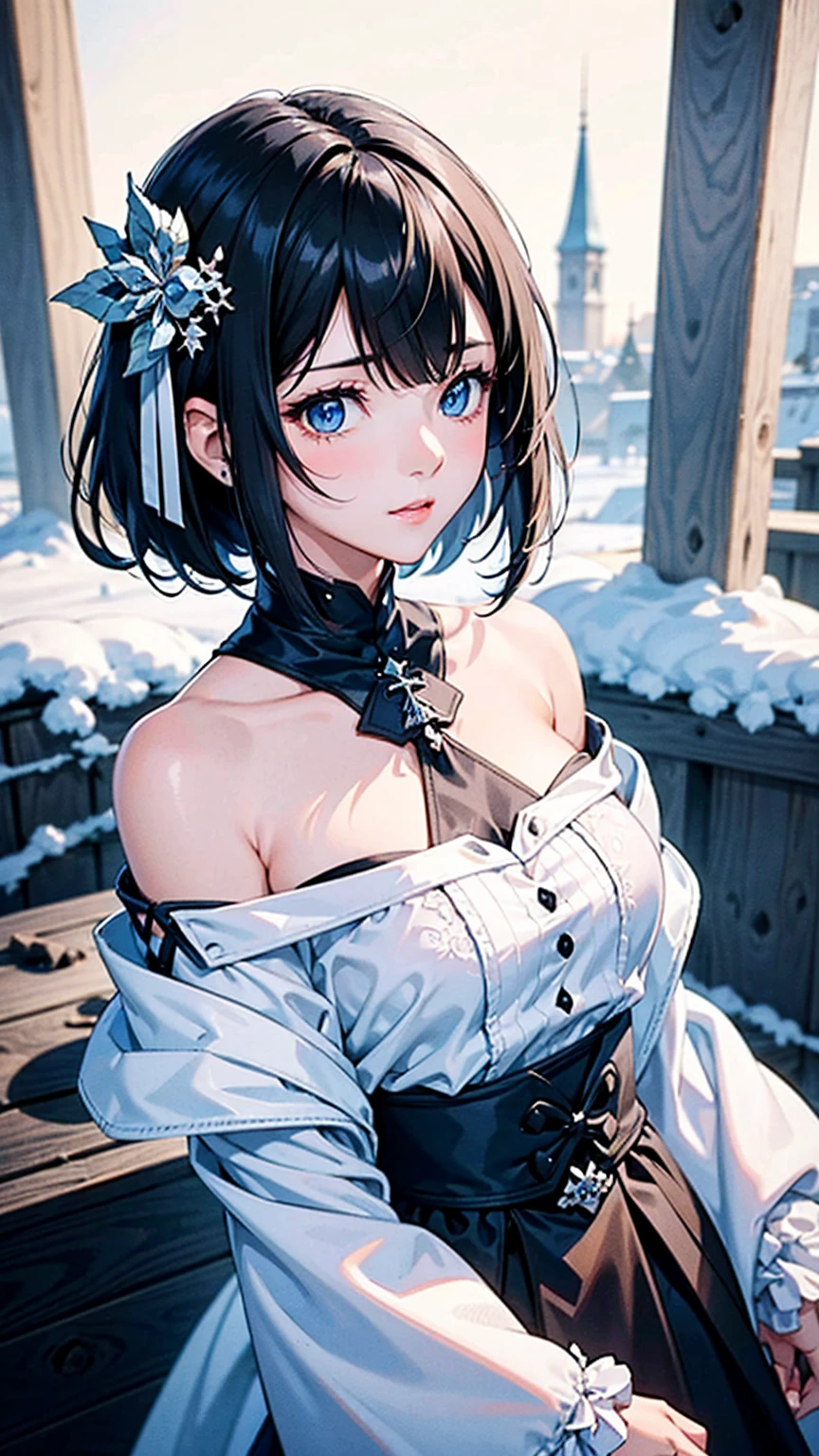 Close-up of a woman in a dress in the snow, Gweiz-style artwork, Beautiful digital art, Cute and detailed digital art, Beautiful anime portraits, Winter Princess, Trending on cgstation, Beautiful digital illustrations, Guweiz on ArtStation Pixiv, Fantasy art style, 8k high quality detailed art, guweiz on pixiv artstation, Black Hair, 美しいBlack Hair, 艶やかなBlack Hair, Short Bob, Hair length is above shoulder length, clear blue eyes, Turning around, Back view, Face looking back,