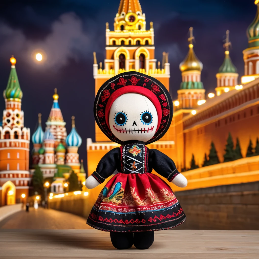 (knitted toy voodoo doll:1.2), (Voodoo in traditional Russian outfit:1.3), (Clothing: traditional Russian sarafan and kokoshnik:1.4), (background: Moscow Kremlin with its iconic towers and walls:1.2), best quality, masterpiece, detailed soft oil painting, detailed background, dramatic cinematic lighting, soft edge lighting, professional, dramatic lighting, hard edge lighting, ultra quality, 4k, masterpiece, best quality, 8k, ultra high definition, high resolution, extremely detailed