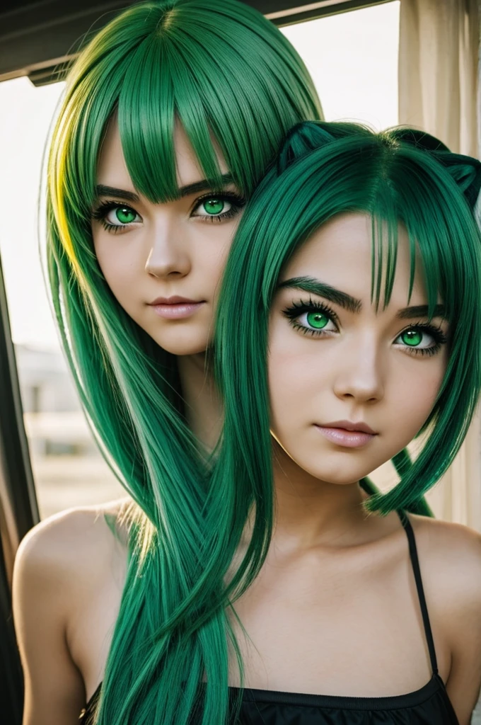 Anime girl with green hair and yellow eyes
