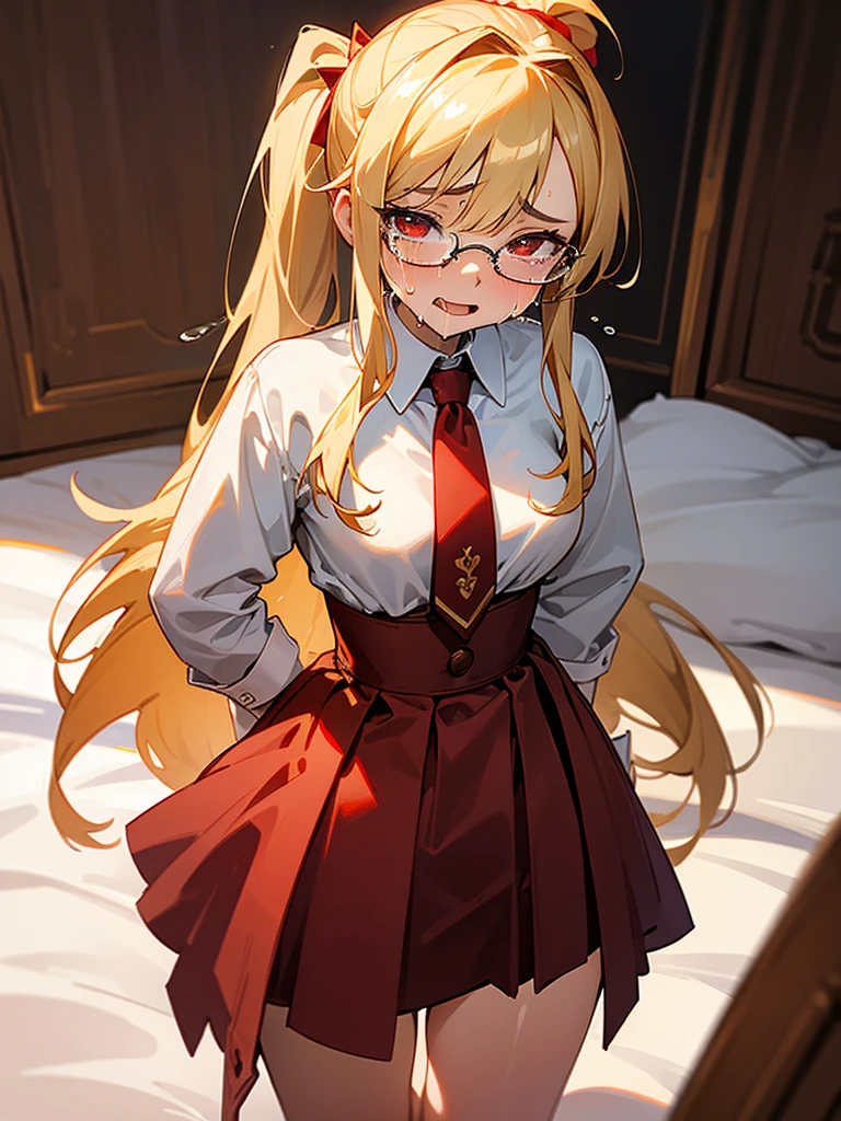 Highest quality,High resolution,１People Girl,whole body,Look Up,Standing posture,looking at the camera,Big eyes,Glasses,Crying face,Tears,Stringy saliva,Open your mouth wide,Sticking out tongue,Flush saliva,Overflowing with saliva,ponytail,Golden Hair,Red eyes,Glasses,Bondage,High Leg,Red tie,Tears overflow,Dripping a lot of saliva,Drooling,On the bed,sexy,Western-style room,Alluring,Whip in hand,