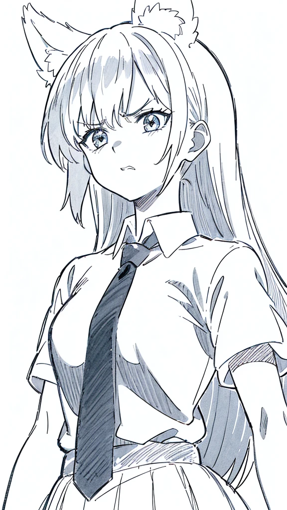 1girl ,20s,angry face,white shirt,short sleeves,(black standard tie),white school skirt,(black hair),long hair,fox ears,(Line Art,white background,sketch,Pencil drawing,traditional media),,upper body,looking up,from below