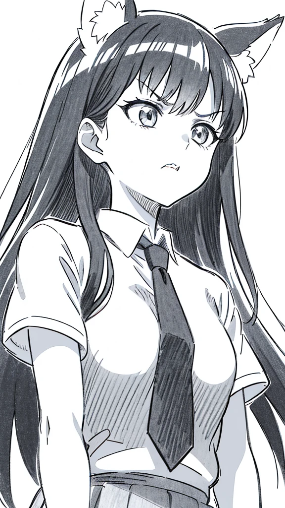 1girl ,20s,angry face,white shirt,short sleeves,(black standard tie),white school skirt,(black hair),long hair,fox ears,(Line Art,white background,sketch,Pencil drawing,traditional media),,upper body,looking up,from below
