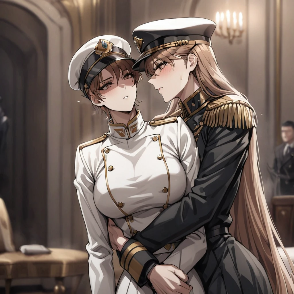 ((Highest quality)), ((masterpiece)), (detailed), （Perfect Face）、The woman is Princess Leona having sex. She has medium-long light brown hair and is wearing a sexy black military uniform and military cap for women. In a luxurious room, she is embraced by a strong, dignified, old, male general who is a villain. As his lover, she embraces and kisses the strong, dignified, old, male general, and they make love and have sex on the bed.、The woman has medium-long hair, is brainwashed, has no expression, and has no highlights in her eyes.