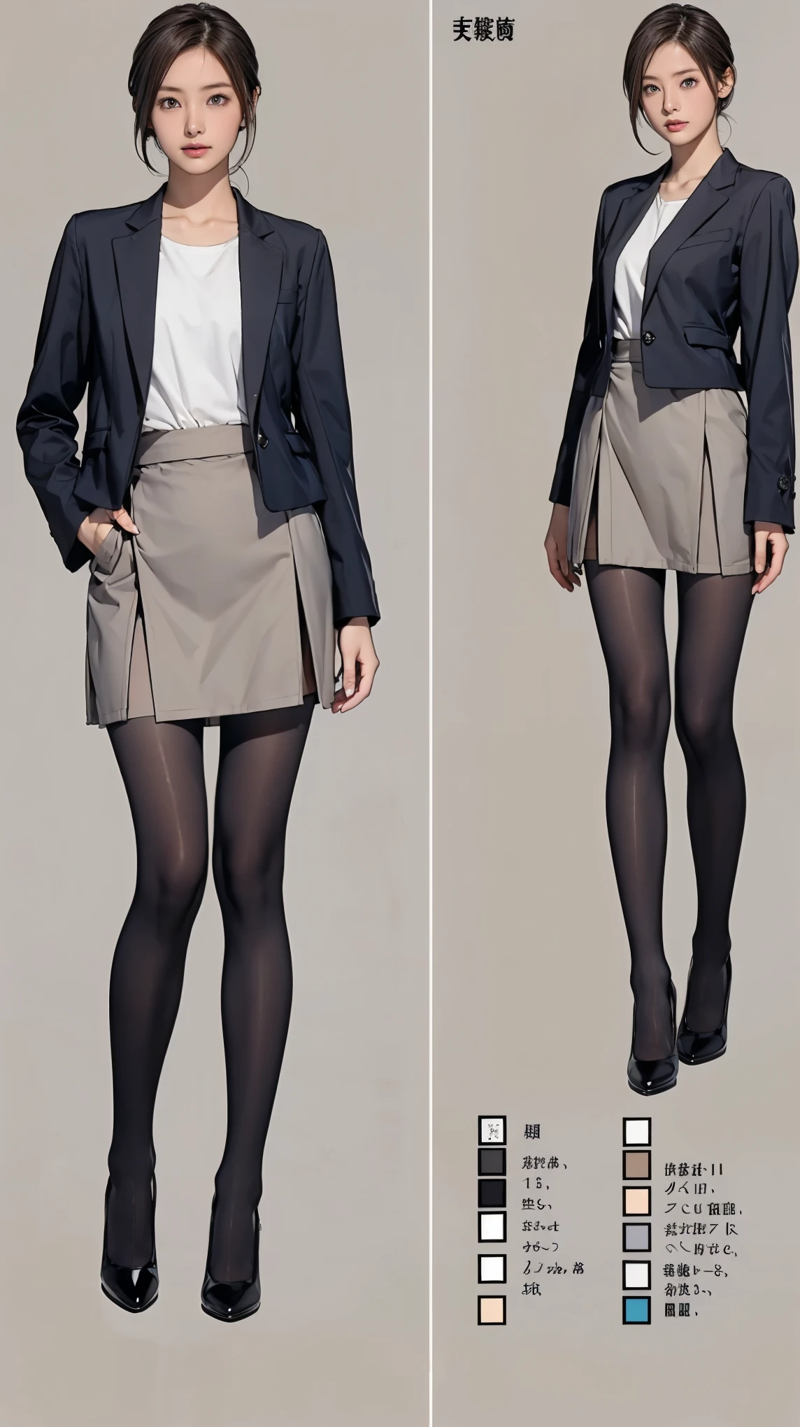 ((masterpiece)),(((Highest quality))),((Character design sheet)),Thin thighs,Long legs,Wearing a black jacket and white shirt、Wearing a super mini skirt,wear black tights,Japanese women leaving the nest,Emi with long black hair:1.3), (Light brown hair:1.3), high waist,Wear black high heels,background is gray,whole body