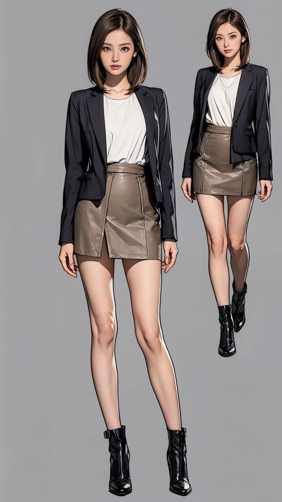 ((masterpiece)),(((Highest quality))),((Character design sheet)),Thin thighs,Long legs,Wearing a black jacket and white shirt、Wearing a super mini skirt，wear black tights，Japanese women leaving the nest，Emi with long black hair:1.3), (Light brown hair:1.3), high waist，Wear black high heels，background is gray，whole body