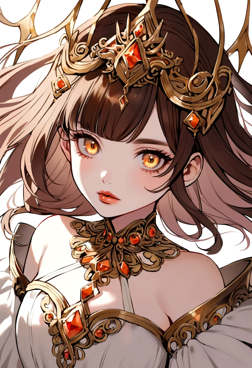 A princess has long brown hair with white colour crossing out and some of her hair is tied she has golden eyes, and her lips has natural pink colour, she wear black gold and white colored dress