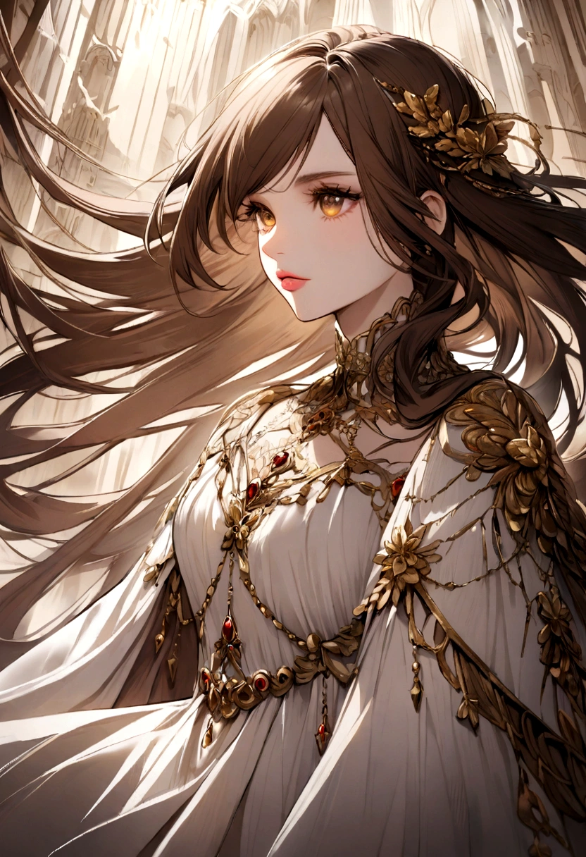A princess has long brown hair with white colour crossing out and some of her hair is tied she has golden eyes, and her lips has natural pink colour, she wear black gold and white colored dress