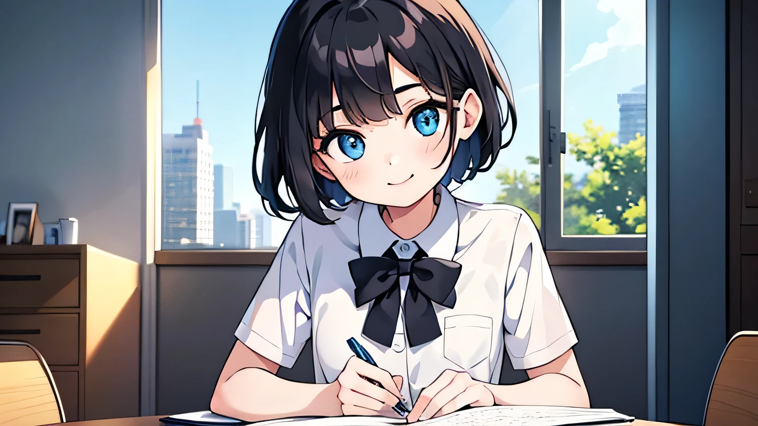 1girl, solo, blue eyes, (detailed eyes), gentle smile on her face flat chest, short hair, black hair, upper body, wearing a school uniform((masterpiece, illustration, best quality)) Beautiful woman Studying Focused face on desk inside in room By morning with light glowing Morning view Test Preparation, standing straight up while sitting