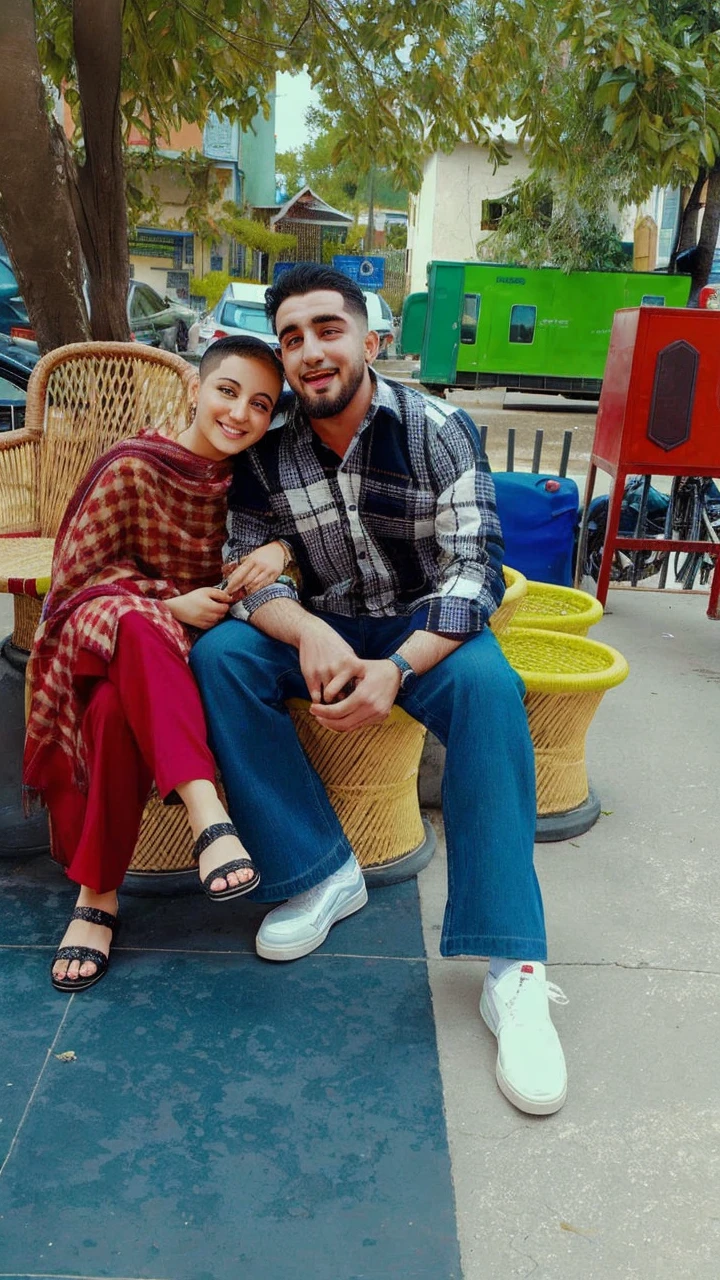 A beautiful woman and a man with short hair, a muslim vir a woman and a man, they look at each other, they laugh at each other, el ele tutuşuyorlar, Two Muslims who love each other, they're laughing, men's hair is short and brown, Men and women laugh at each other,