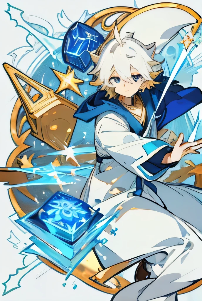 A ((male)) sorcerer with feminine features ((wearing a white-gold kemono)) casting a hexagonal symbol of blue lights. Picture perfect.