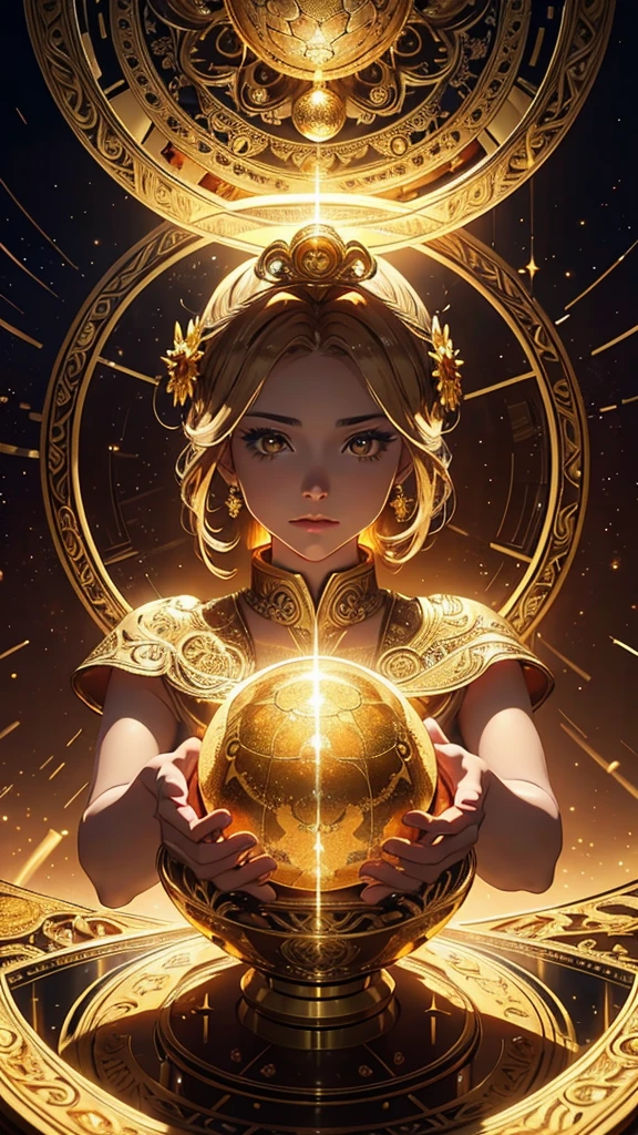 beautiful detailed golden halo,8 golden spheres surrounding the halo,each sphere represents a superpower emotion,highly detailed fantasy digital art,cinematic lighting,vibrant colors,intricate design,masterpiece,8k,photorealistic