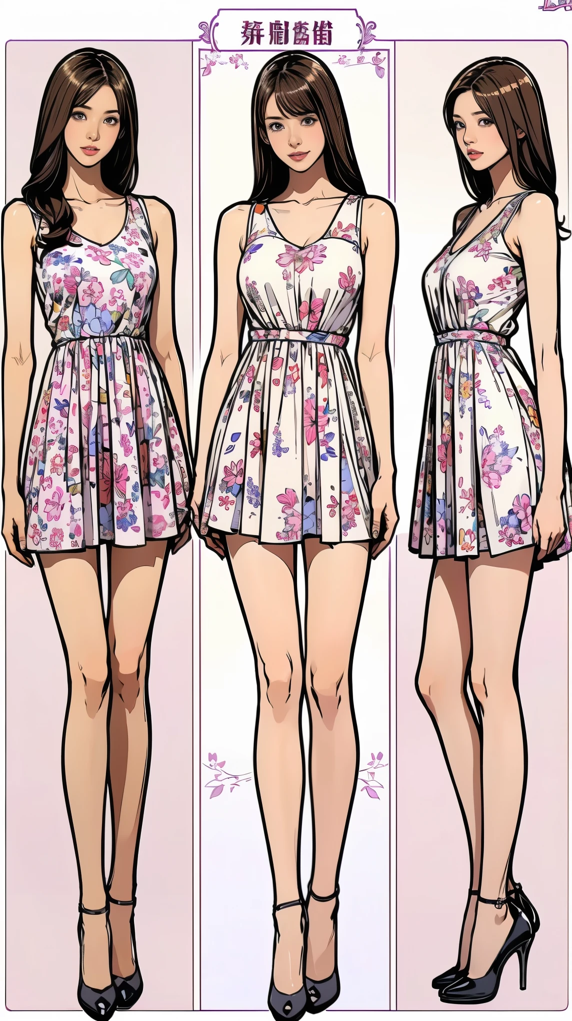 ((masterpiece)),(((Highest quality))),((Character design sheet)),Thin thighs,Long legs,whole body:1.5,(One Girl:1.3),(Thick pointy high heels:1.3),(Wearing a floral dress:1.2),Short blonde:1.2、Model pose,
