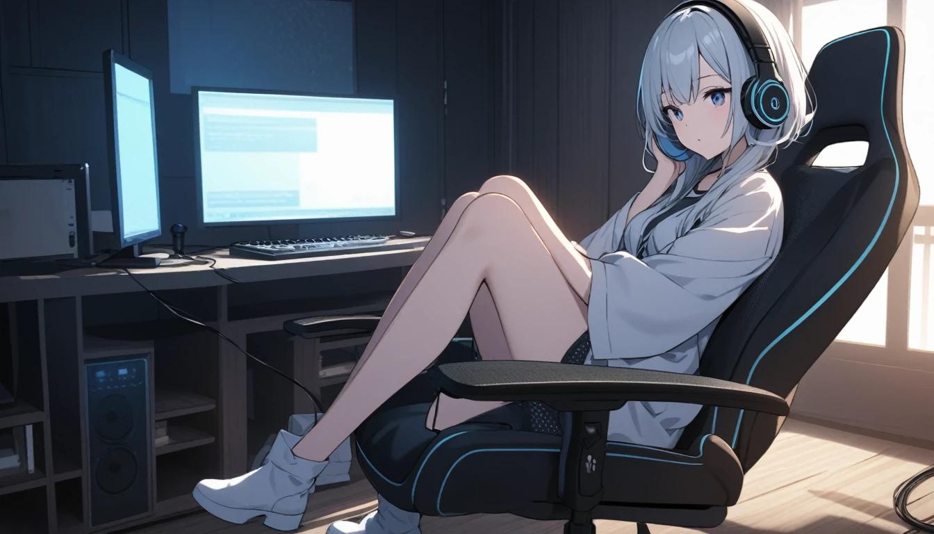 Beautiful girl listening to music with headphones、Inside the room、Sitting on a game chair