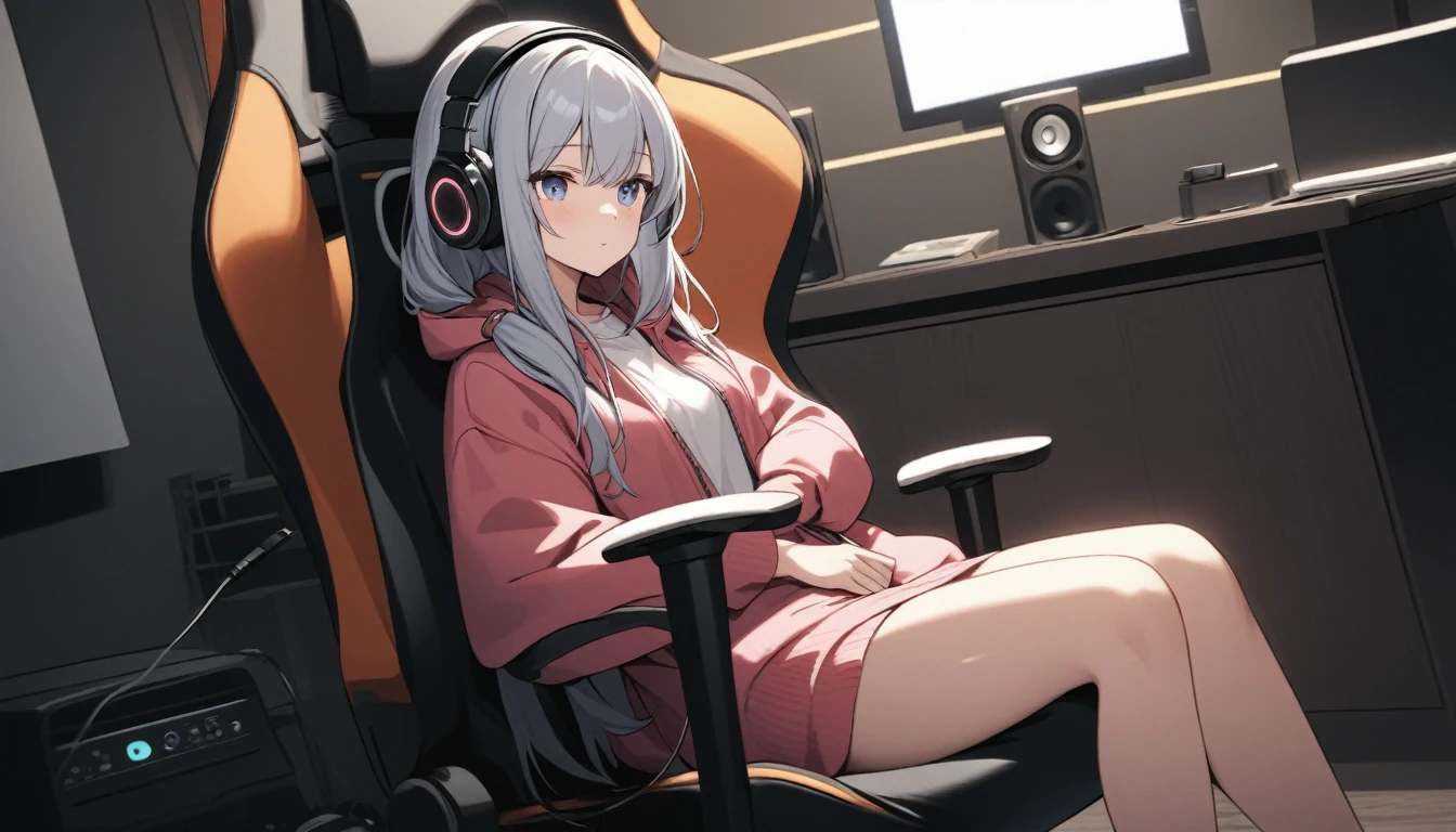 Beautiful girl listening to music with headphones、Inside the room、Sitting on a game chair