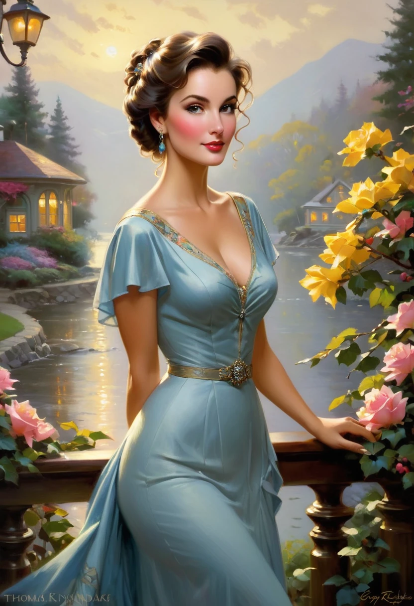 A beautiful woman with large elegant, hawk-like nose, who embodies old fashioned class, sophistication, elgance as well as wholesome, natural beauty. In the combined styles of painters Greg Rutkowski, Thomas Kinkade