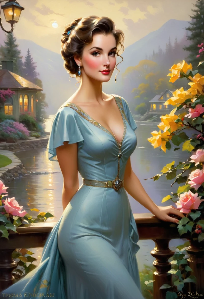 A beautiful woman with large elegant, hawk-like nose, who embodies old fashioned class, sophistication, elgance as well as wholesome, natural beauty. In the combined styles of painters Greg Rutkowski, Thomas Kinkade