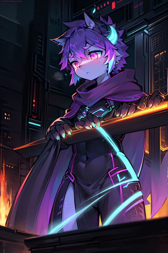 A mythical Kraken ninja stands poised in a neon-lit, dystopian metropolis, rendered in stunning 4K resolution, blending ancient legend with futuristic cyberpunk flair. The ninja's ornate, high-tech armor glows with a mesmerizing iridescent sheen, as intricate circuitry and glowing accents dance across the metallic surface. The dragon's scales shimmer in hues of indigo, violet, and electric blue, while neon accents pulse in fiery oranges and greens, casting an otherworldly glow across the surrounding urban landscape, exuding a sense of cutting-edge, cinematic grandeur. A figure shrouded in black and purple mist stands surrounded by flames in the darkness. This mysterious being exudes an aura of danger and intrigue, with sharp features and captivating eyes. The cloak billows around them, adding to their mysterious presence. This image could be a stunning painting, rich in detail and vivid colors. Every aspect of the figure is meticulously crafted, from the swirling mist to the fiery backdrop, creating a truly captivating and high-quality piece of artwork.