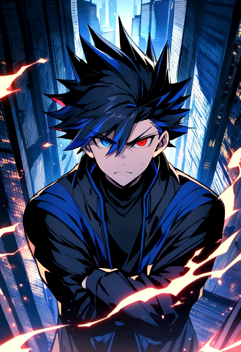 Teenage boy, spiky hair, medium length hair, multicolored black and dark blue hair, serious face, Grinning, black and blue eyes heterochromia, black jersey, dark blue wide jacket, crossed arms, scenery in a vast city with skyscrapers