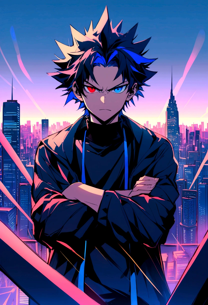  boy, spiky hair, medium length hair, multicolored black and dark blue hair, serious face, Grinning, black and blue eyes heterochromia, black jersey, dark blue wide jacket, crossed arms, scenery in a vast city with skyscrapers