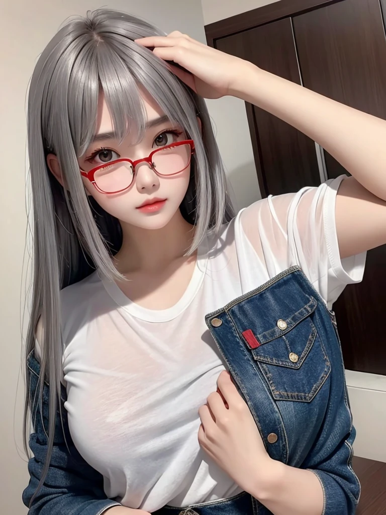 ((Idle level girl)), ​Masterpiece, highest image quality, Super detailed, (Perfect body:1.3), (perfect face+Glasses+messy hair+gray bob hair+ red eyes), closure, viewer&#39;s perspective, she bent down，Catching the audience&#39;s attention。Detailed hair,bright smile、Delicate blue eyes(lifelike eyes),professional lighting,