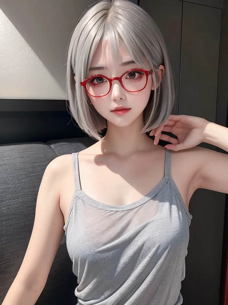 ((Idle level girl)), Masterpiece, highest image quality, Super detailed, (Perfect body:1.3), (perfect face+Glasses+messy hair+gray bob hair+ red eyes), closure, viewer's perspective, she bent down,Catching the audience's attention。Detailed hair,bright smile、Delicate blue eyes(lifelike eyes),professional lighting,