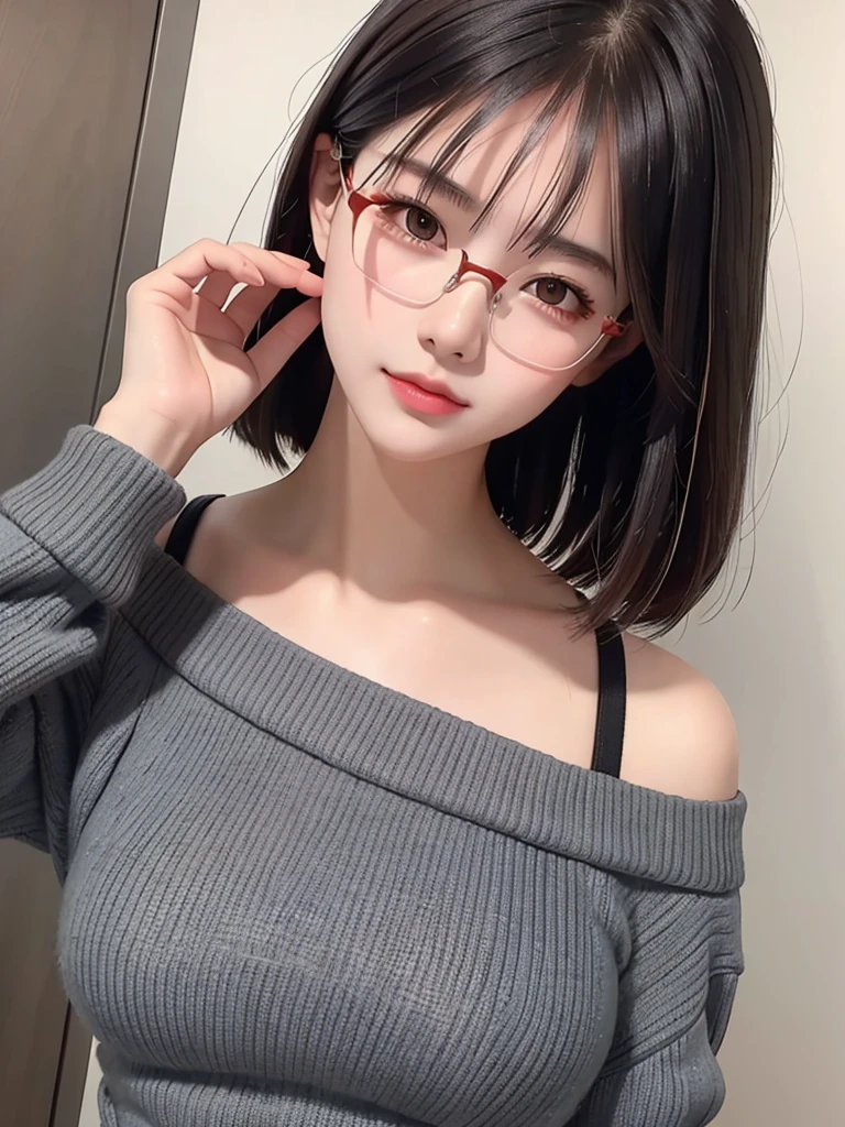 ((Idle level girl)), Masterpiece, highest image quality, Super detailed, (Perfect body:1.3), (perfect face+Glasses+messy hair+gray bob hair+ red eyes), closure, viewer's perspective, she bent down,Catching the audience's attention。Detailed hair,bright smile、Delicate blue eyes(lifelike eyes),professional lighting,