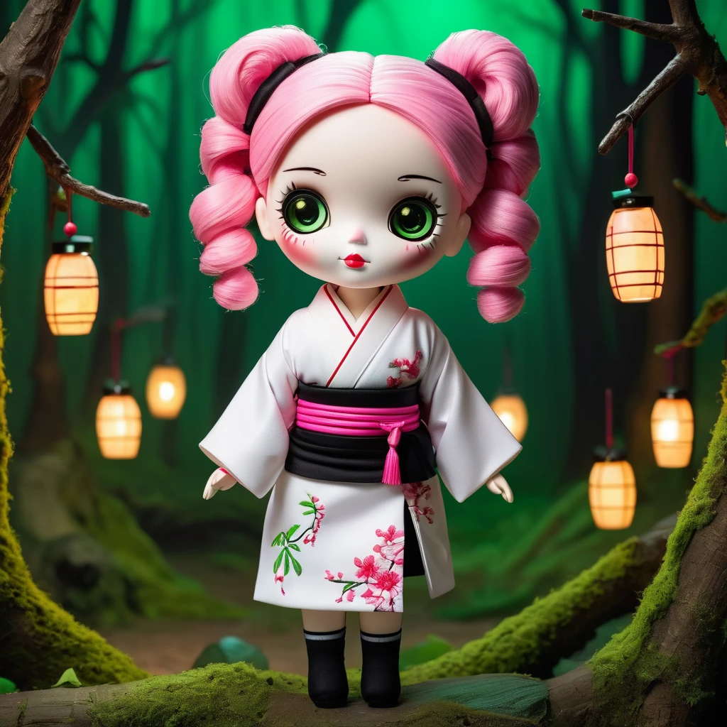 (knitted toy voodoo doll:1.9), (Voodoo Mitsuri Kanroji:1.3), (Clothing white very short kimono with an open neckline on the chest and a black skirt, high green knee-highs:1.8), (hair pink on the top of the head and green pigtails on the shoulders:1.6), (holds a small sword:1.0), (background: dark mystical forest with glowing lanterns:1.2), (style: creepy, mesmerizing, detailed: 1.3), best quality, masterpiece, detailed soft oil painting, detailed background, dramatic cinematic lighting, soft edge lighting, professional, dramatic lighting, hard edge lighting, ultra quality, 4k, masterpiece, best quality, 8k, ultra high definition, high resolution, extremely detailed
