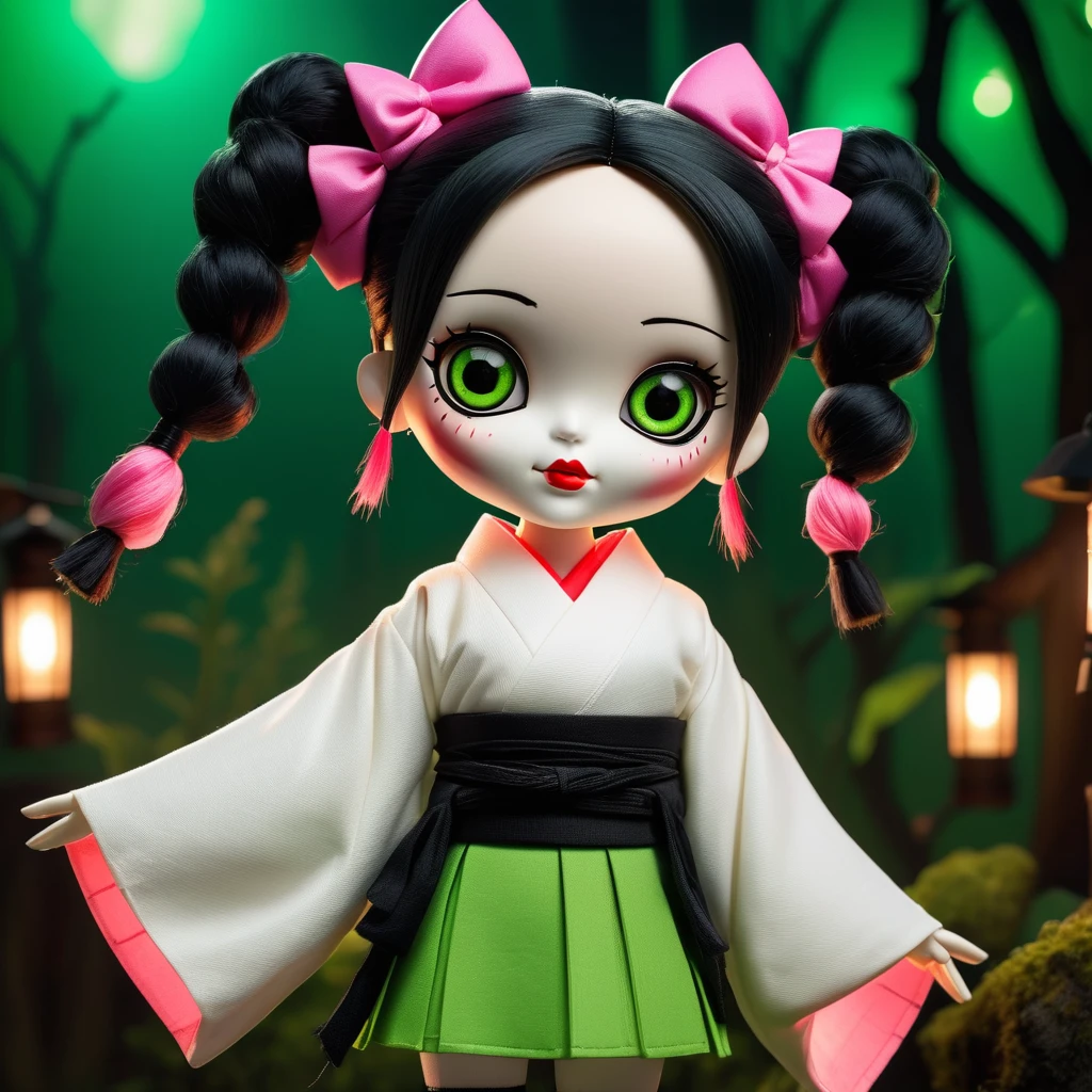(knitted toy voodoo doll:1.9), (Voodoo Mitsuri Kanroji:1.3), (Clothing white very short kimono with an open neckline on the chest and a black skirt, high green knee-highs:1.8), (hair pink on the top of the head and green pigtails on the shoulders:1.6), (holds a small sword:1.0), (background: dark mystical forest with glowing lanterns:1.2), (style: creepy, mesmerizing, detailed: 1.3), best quality, masterpiece, detailed soft oil painting, detailed background, dramatic cinematic lighting, soft edge lighting, professional, dramatic lighting, hard edge lighting, ultra quality, 4k, masterpiece, best quality, 8k, ultra high definition, high resolution, extremely detailed