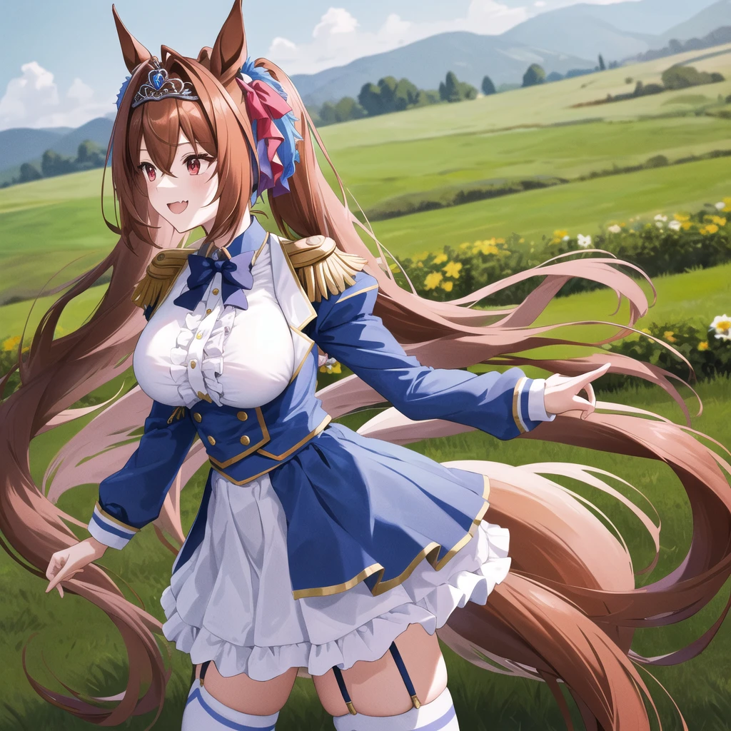 masterpiece, best quality, highres, 1girl, daiwa scarlet (umamusume), horse ears, long hair, twintails, tiara, horse tail, very long hair, brown hair, epaulettes, garter straps, long sleeves, large breasts, fang, red eyes, bowtie, bangs, puffy sleeves, blue jacket, white thighhighs, center frills, white shirt, hair between eyes, white skirt, blue skirt, hair bow,  standing, field, outdoors, smile, from side,