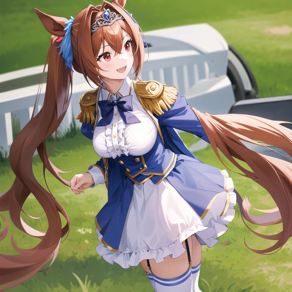 masterpiece, best quality, highres, 1girl, daiwa scarlet (umamusume), horse ears, long hair, twintails, tiara, horse tail, very long hair, brown hair, epaulettes, garter straps, long sleeves, large breasts, fang, red eyes, bowtie, bangs, puffy sleeves, blue jacket, white thighhighs, center frills, white shirt, hair between eyes, white skirt, blue skirt, hair bow, standing, field, outdoors, smile, from side,